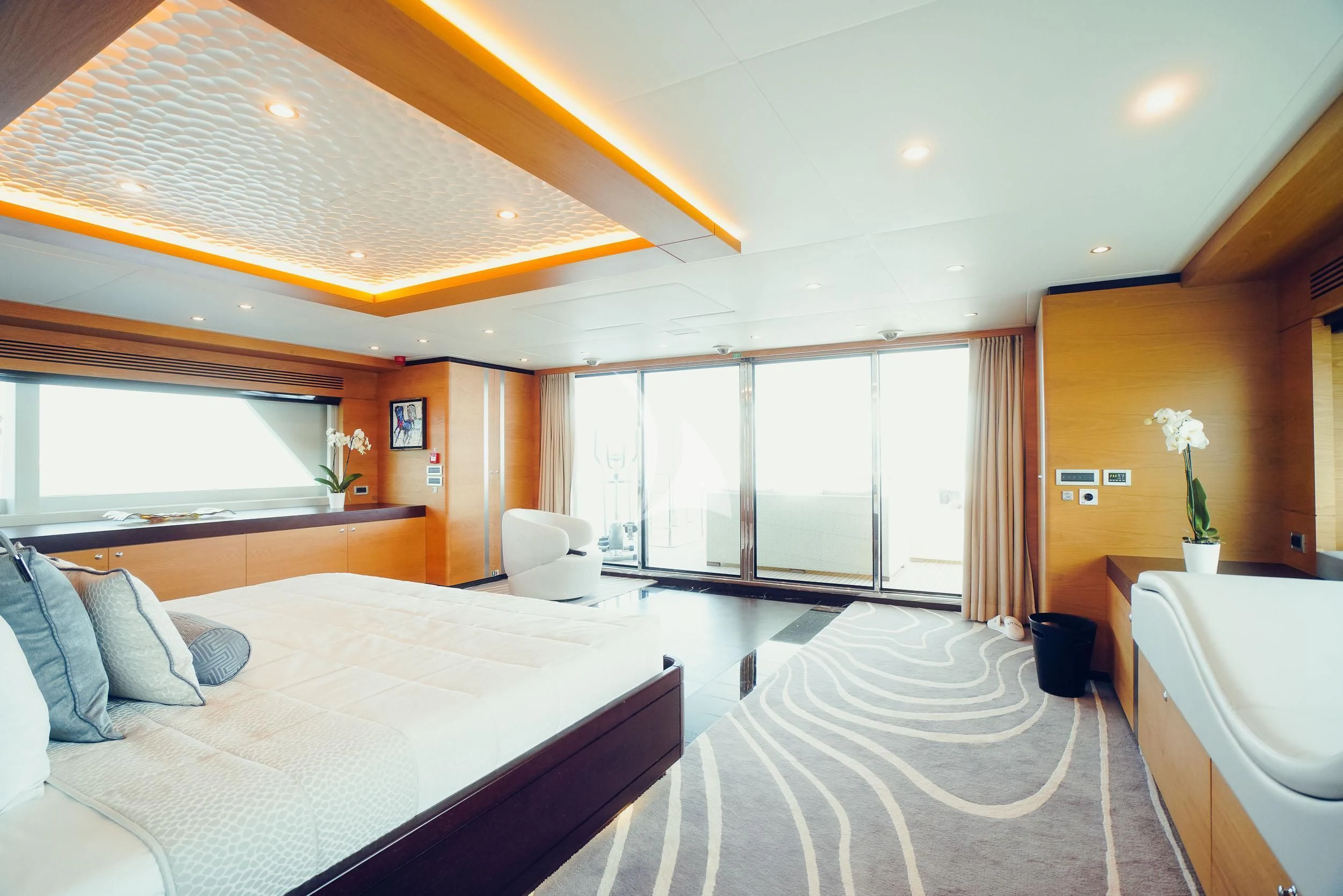 a couple of beds in a hotel room aboard TATIANA I Yacht for Sale