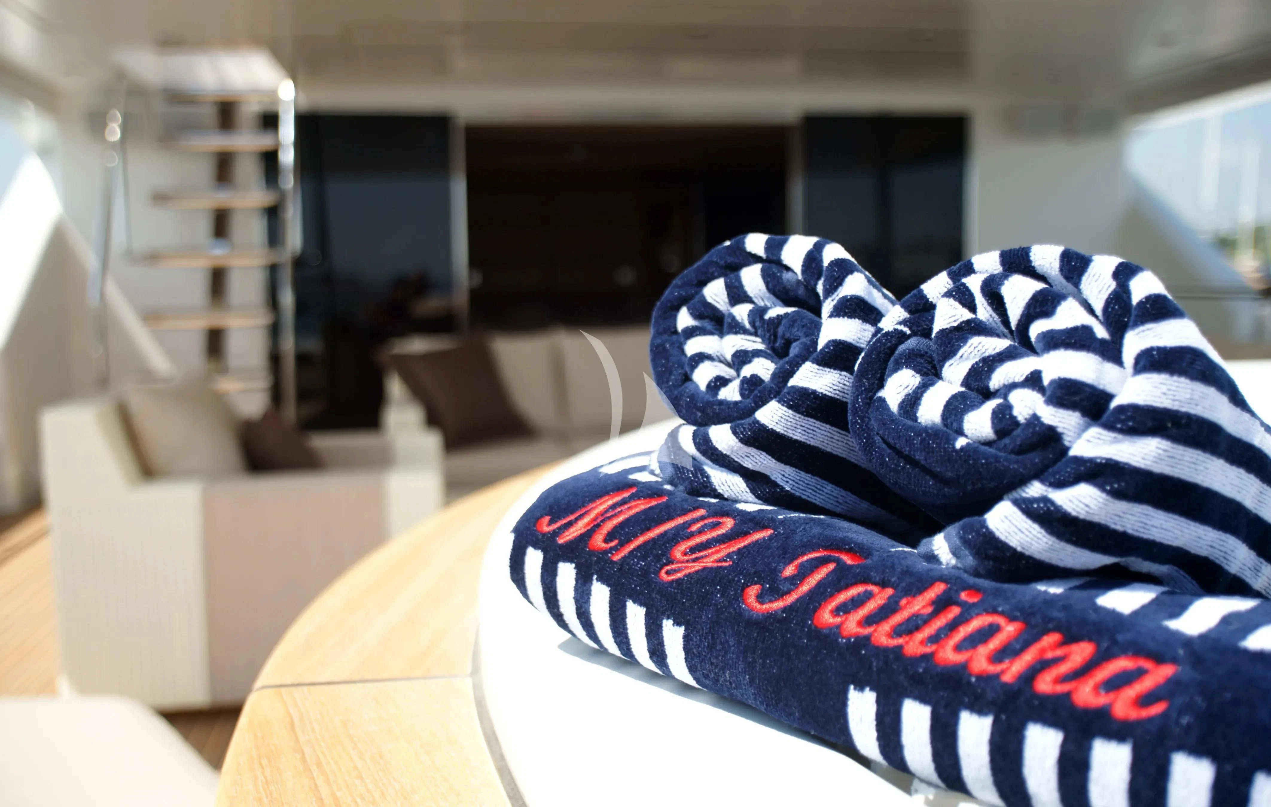a pair of socks on a table aboard TATIANA I Yacht for Sale