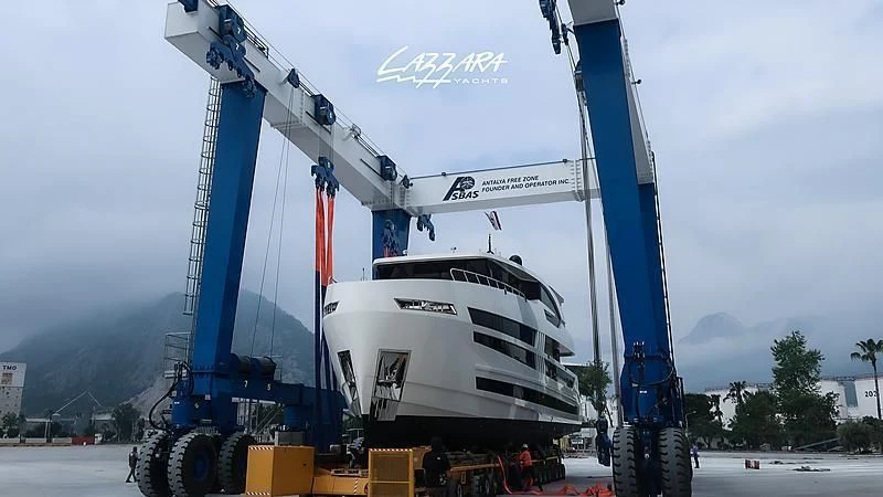 a large white boat with a crane aboard SANDRO Yacht for Sale