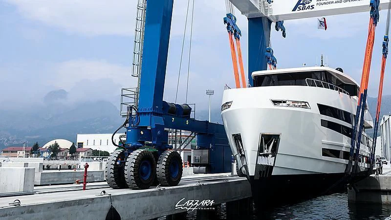 a large boat on a trailer aboard SANDRO Yacht for Sale