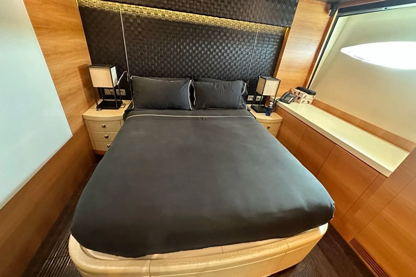 a bed in a room aboard ELIZAVETA Yacht for Sale