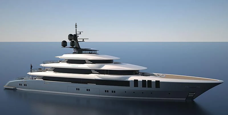a white yacht with a drone on top aboard INFINITE JEST Yacht for Sale