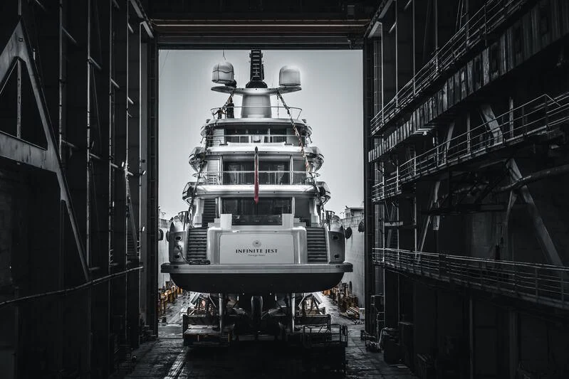 a large ship in a canal aboard INFINITE JEST Yacht for Sale