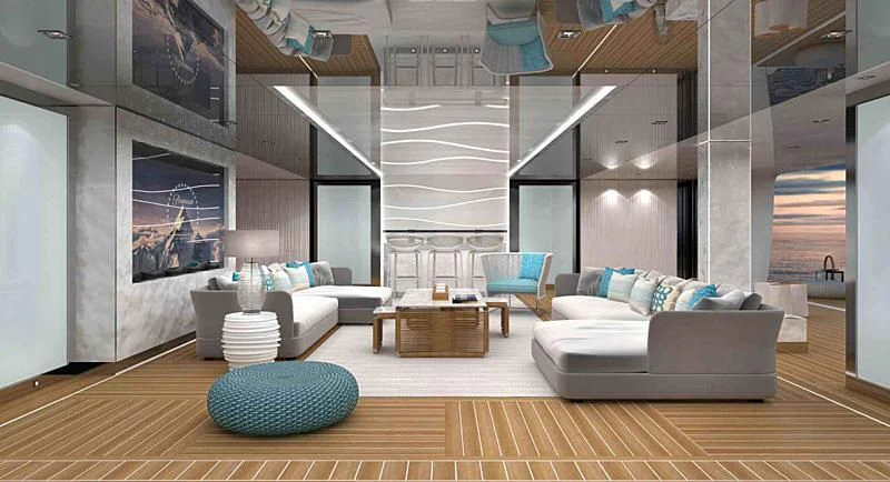 a room with a couch and a table aboard INFINITE JEST Yacht for Sale