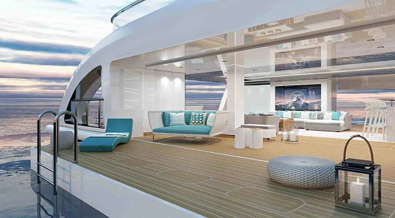 a large swimming pool with a deck aboard INFINITE JEST Yacht for Sale