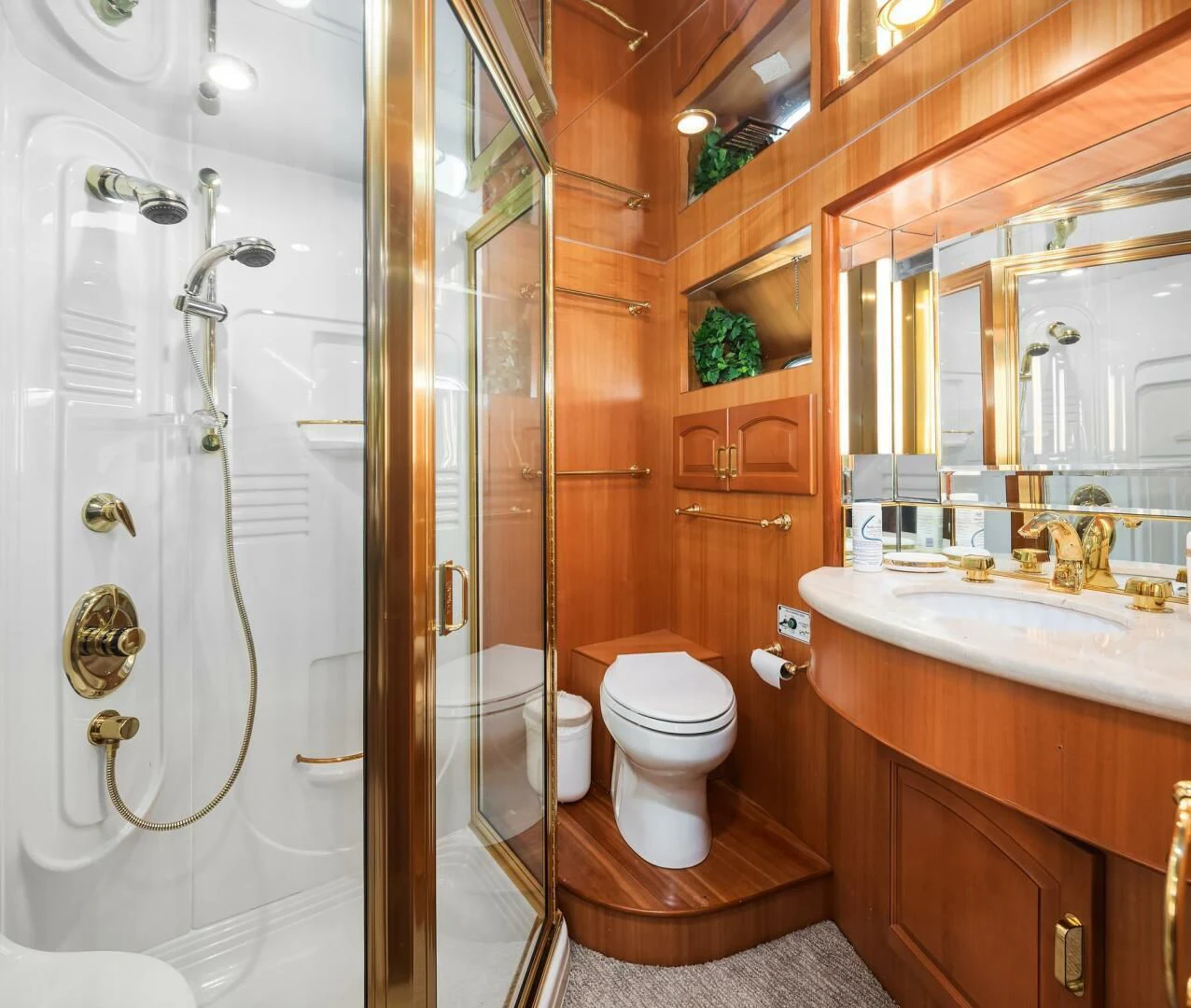 a bathroom with a shower and sink aboard QUE SA-RAH SA-RAH Yacht for Sale