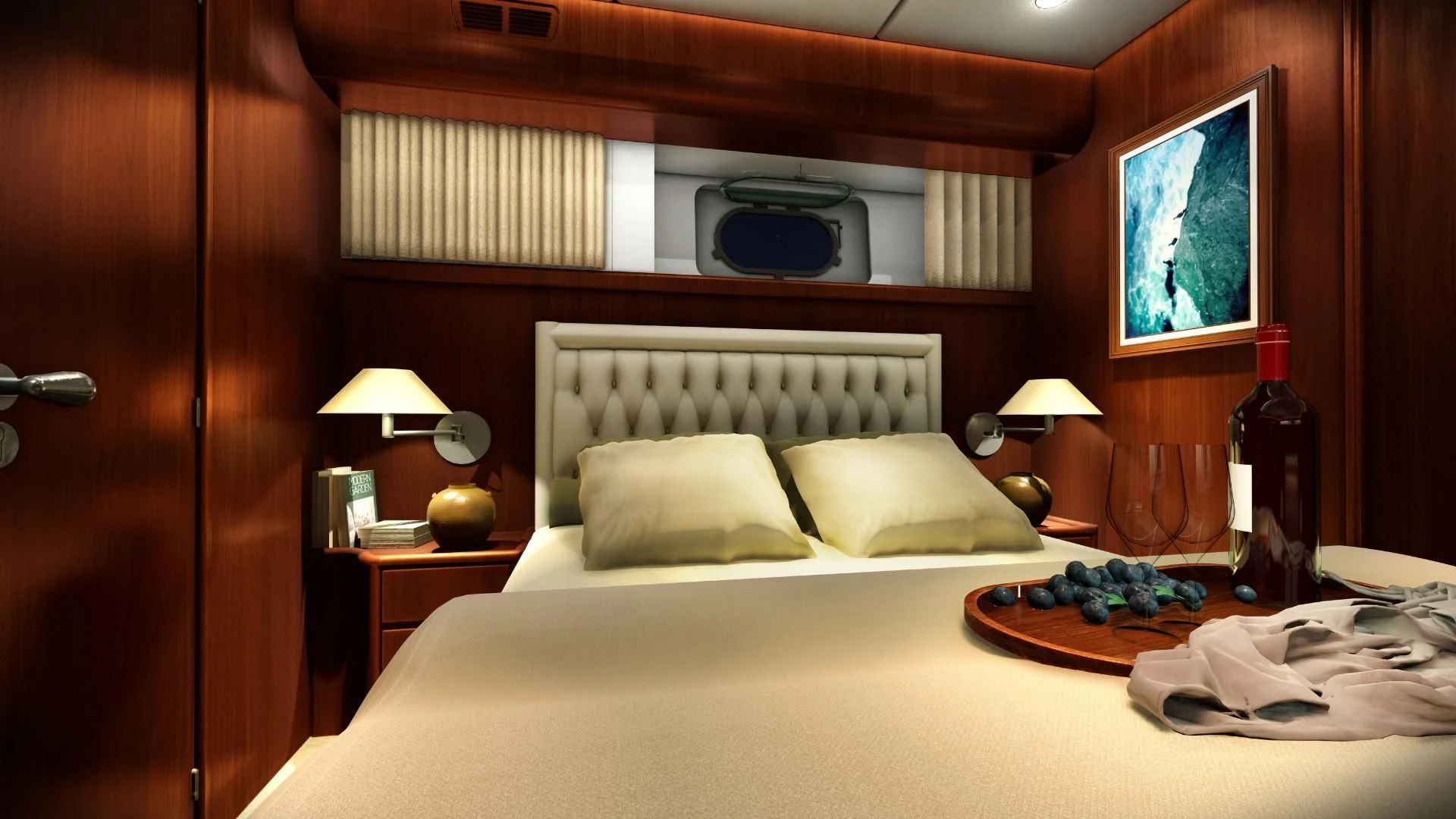 a room with a bed and a television on the wall aboard EFMARIA Yacht for Sale