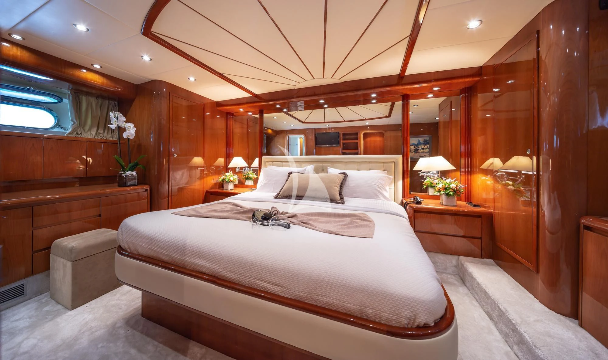 a bed in a room aboard EFMARIA Yacht for Sale