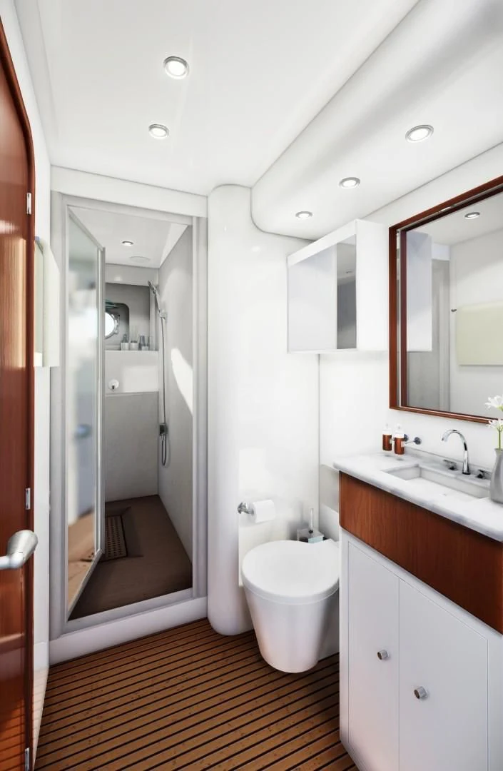 a bathroom with a glass shower aboard EFMARIA Yacht for Sale