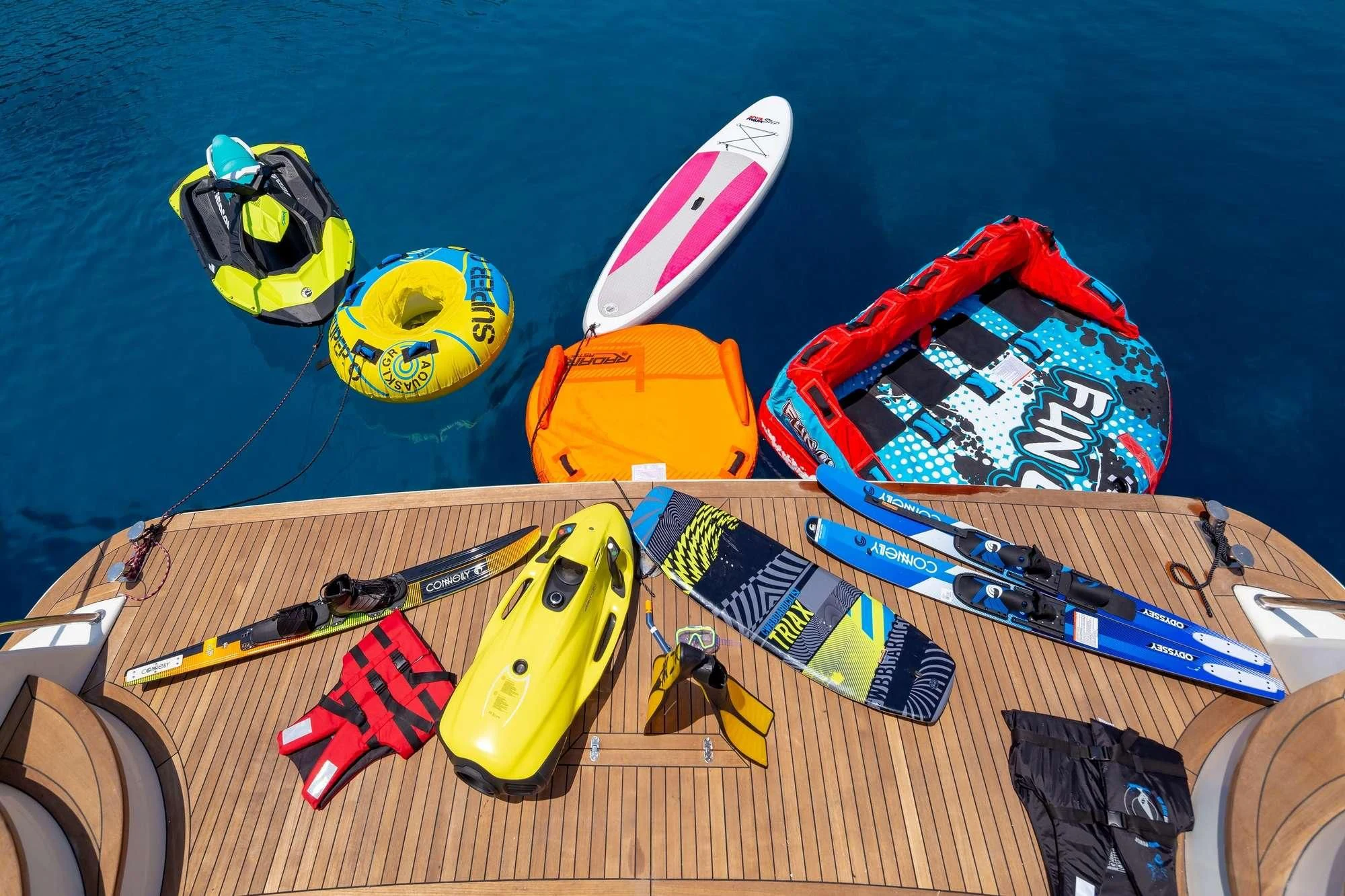 a group of colorful objects aboard EFMARIA Yacht for Sale
