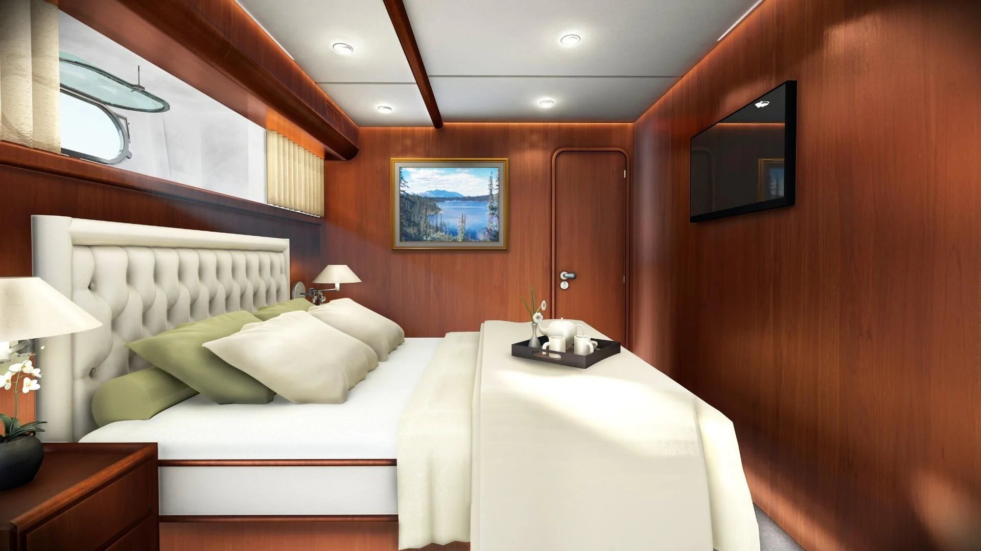 a room with two beds aboard EFMARIA Yacht for Sale