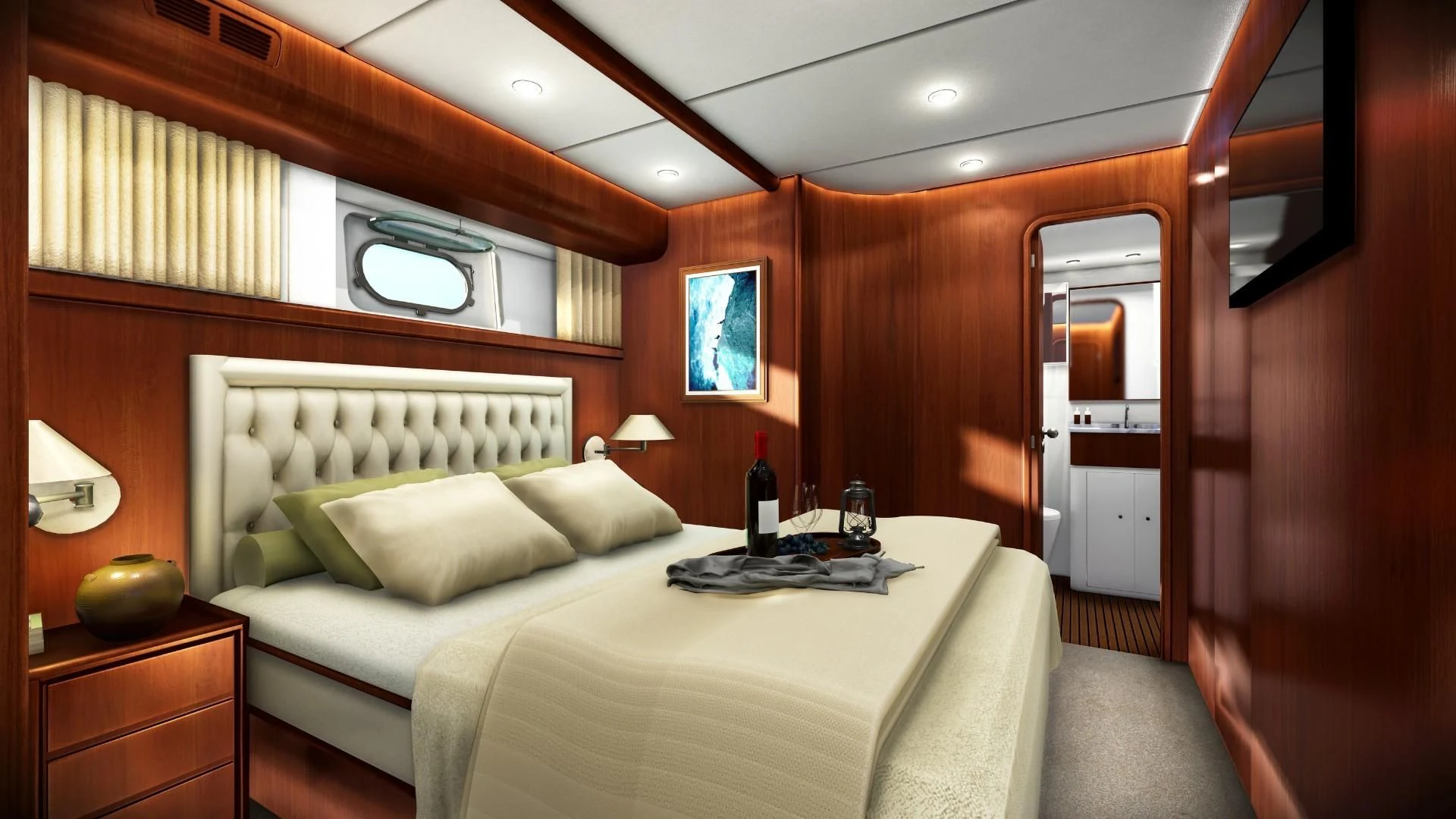 a bed in a room aboard EFMARIA Yacht for Sale
