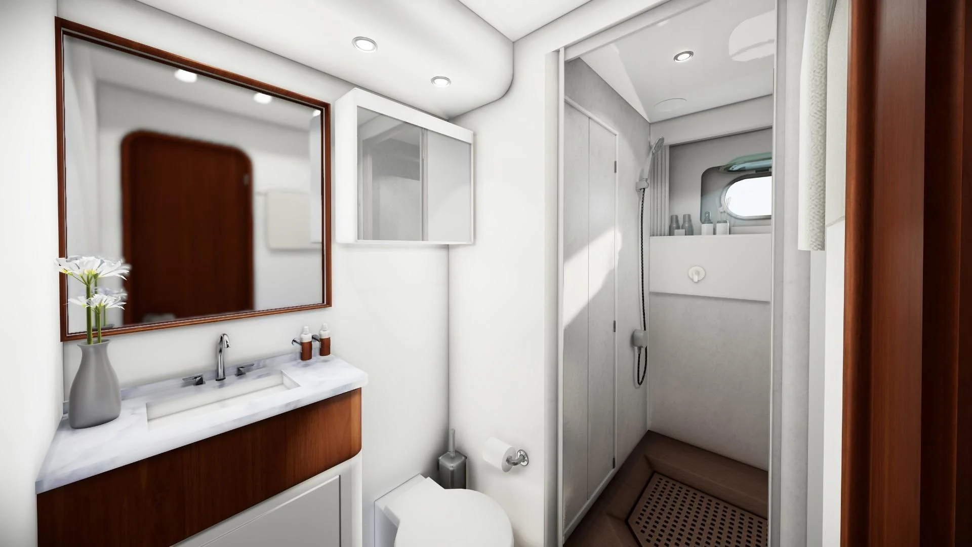 a bathroom with a large mirror aboard EFMARIA Yacht for Sale