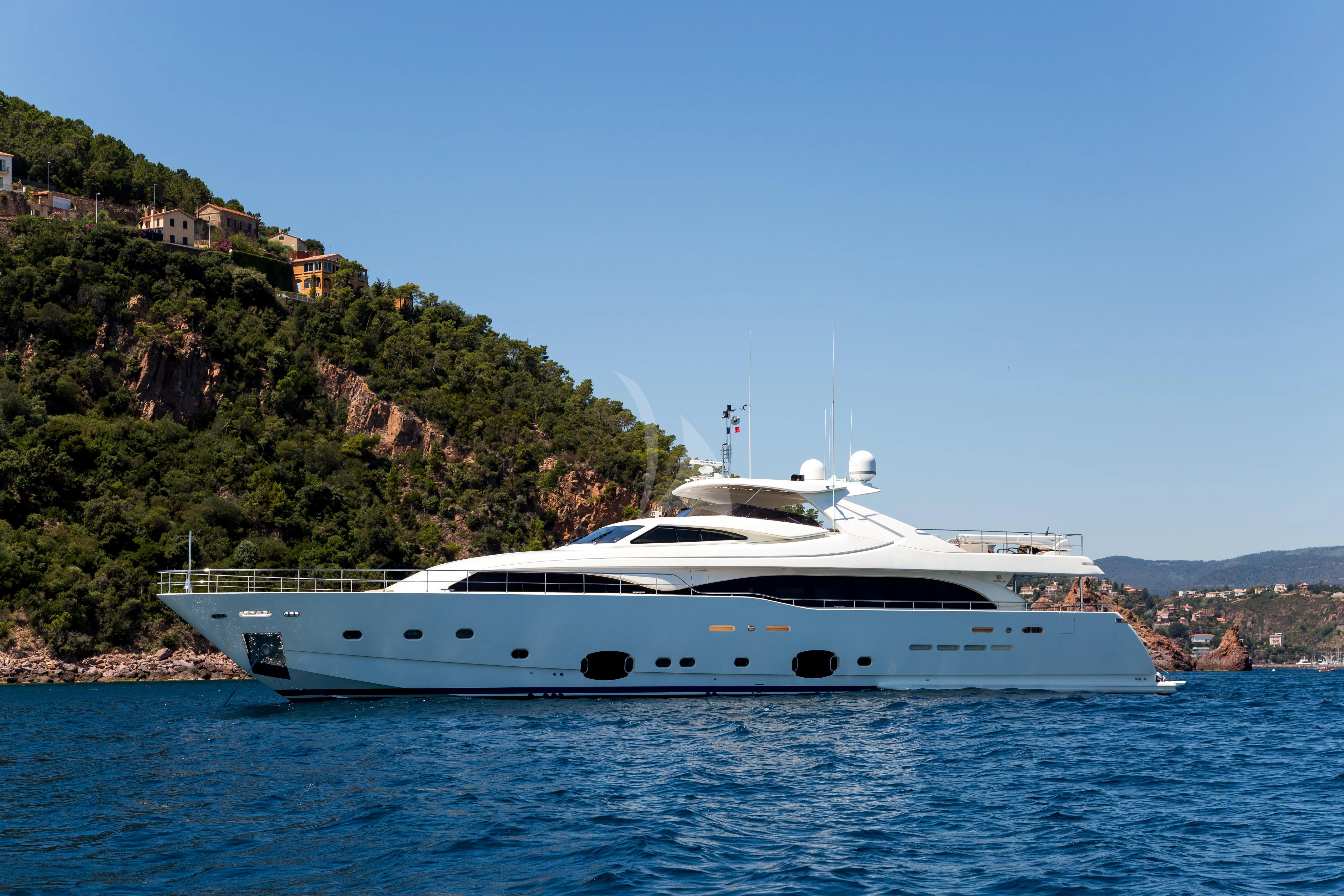 a white yacht on the water aboard ROBUSTO Yacht for Sale