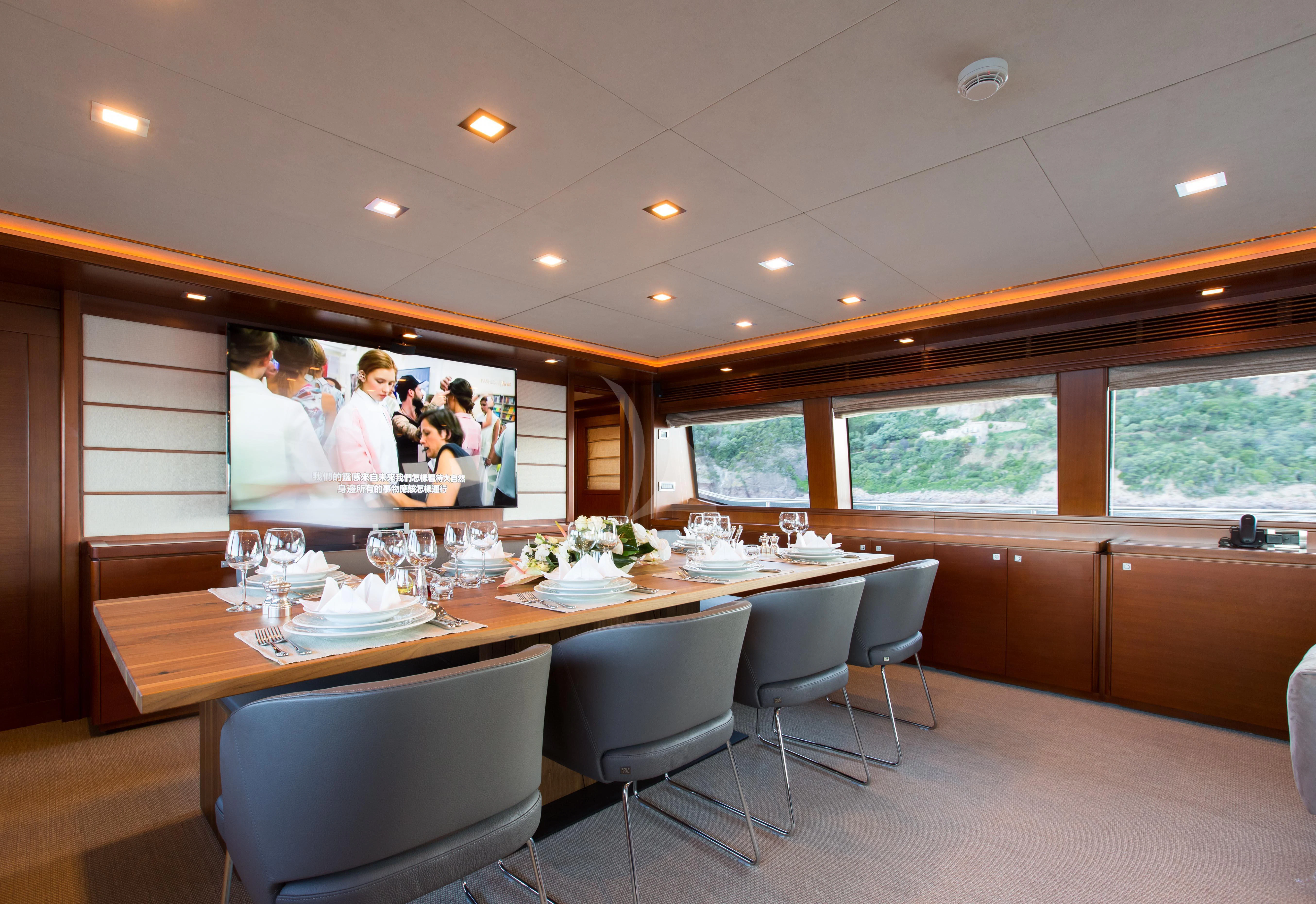 a conference room with a large screen aboard ROBUSTO Yacht for Sale
