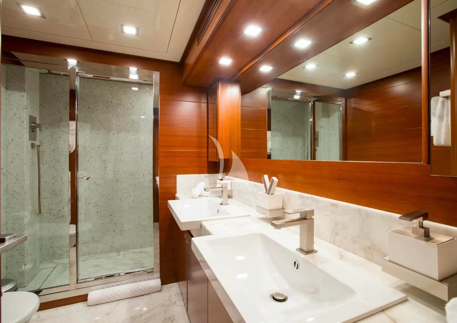 a bathroom with a large shower aboard ROBUSTO Yacht for Sale