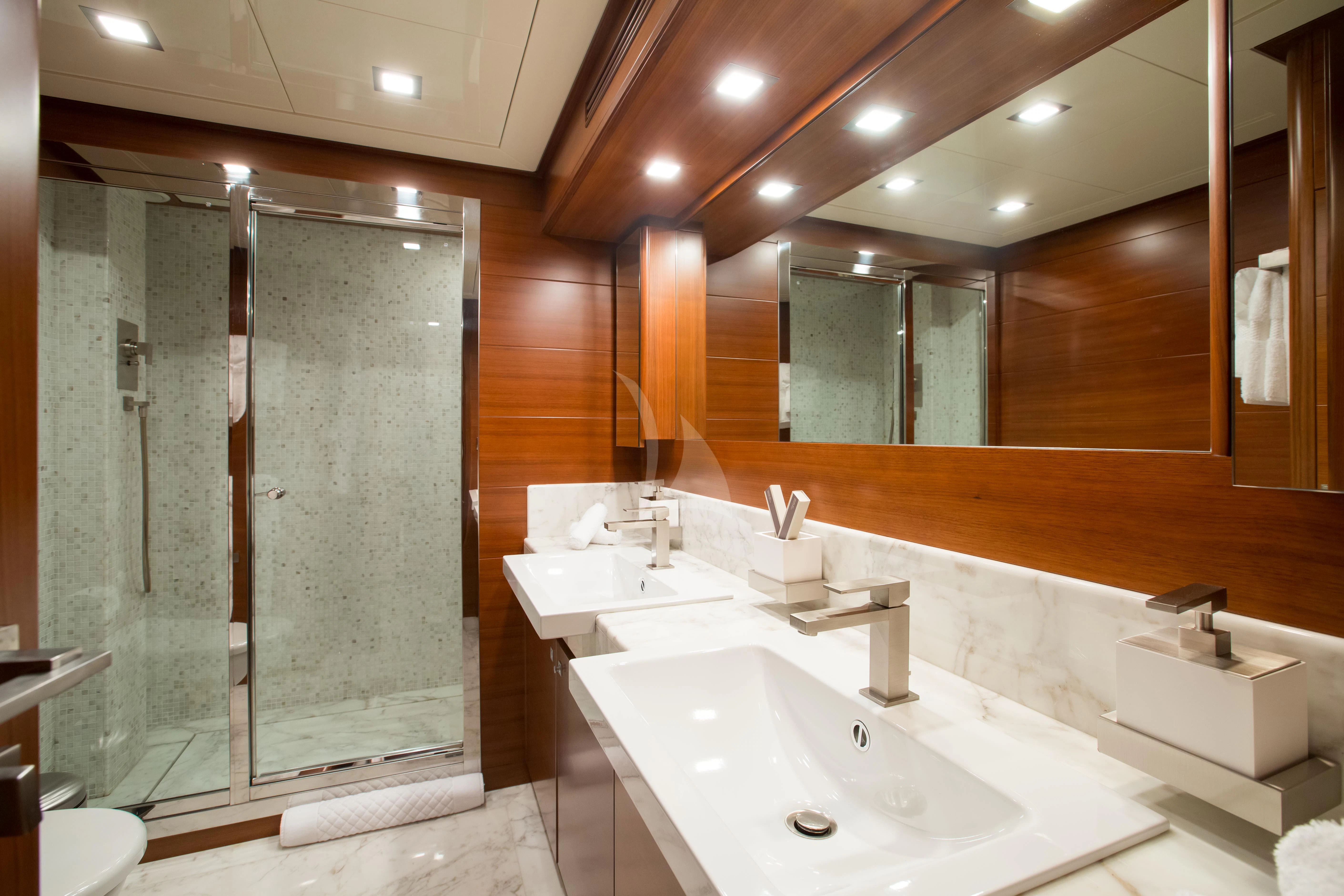 a bathroom with a large shower unit aboard ROBUSTO Yacht for Sale