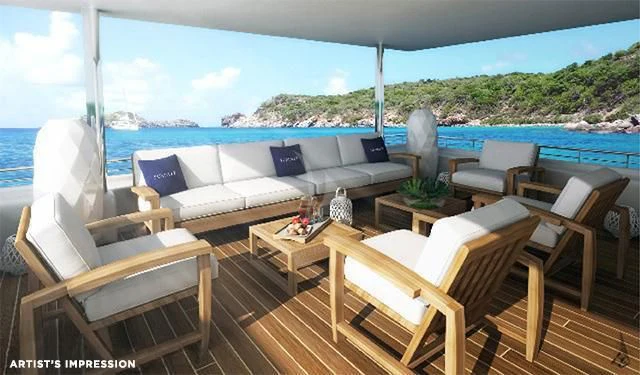 a deck with chairs and a table aboard ROBUSTO Yacht for Sale