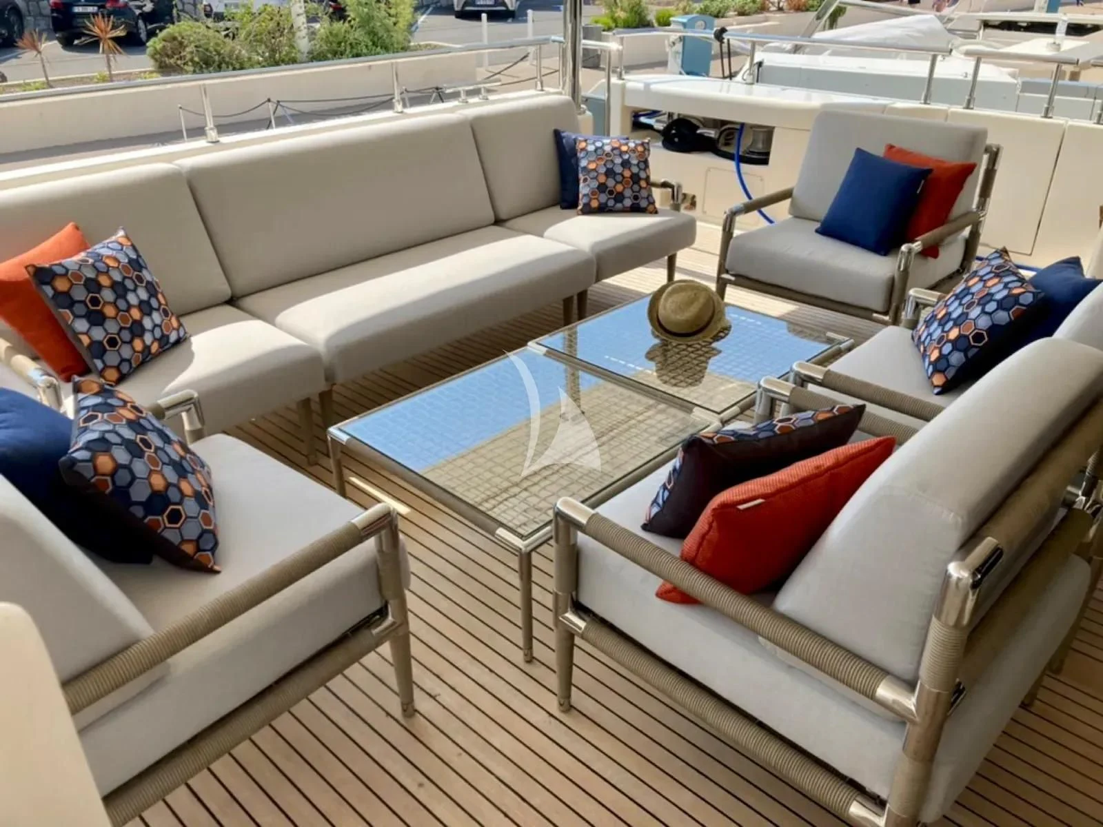 a living room with a large window aboard ROBUSTO Yacht for Sale