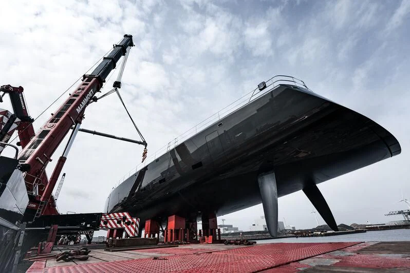 a large metal structure with a red and white flag aboard ALEA Yacht for Sale