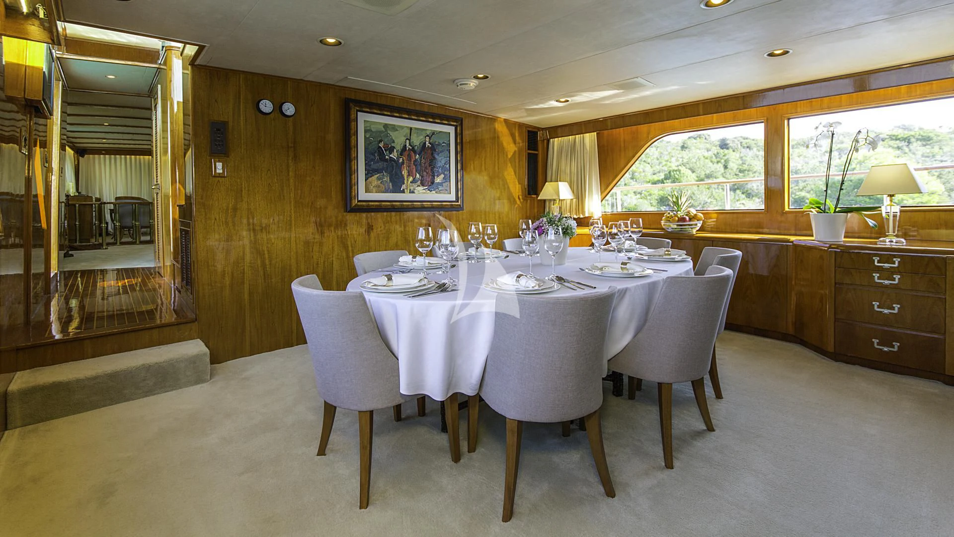 a dining table set for a meal aboard AURIANE Yacht for Sale