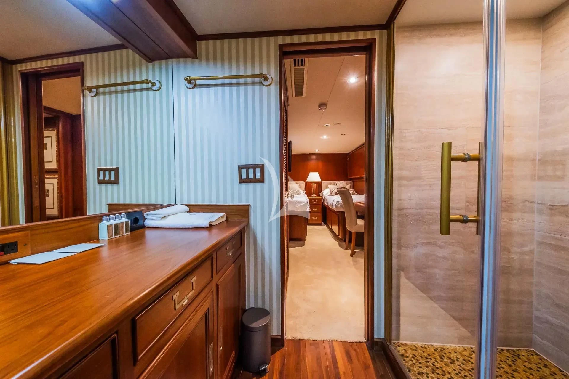 a bathroom with a shower and a sink aboard AURIANE Yacht for Sale