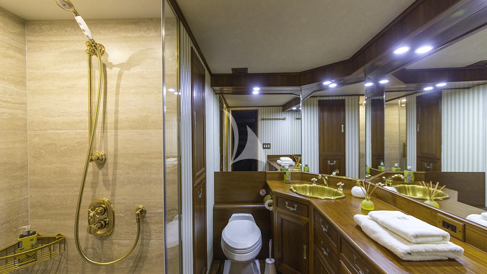 a bathroom with a sink and a shower aboard AURIANE Yacht for Sale