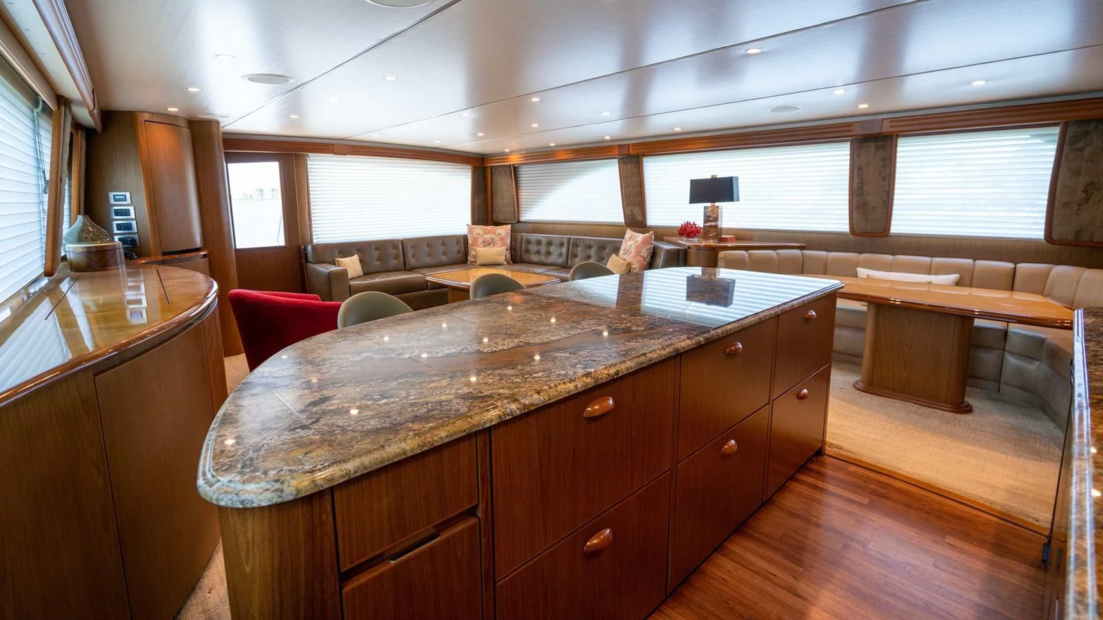a kitchen with wooden cabinets aboard DONE DEAL Yacht for Sale
