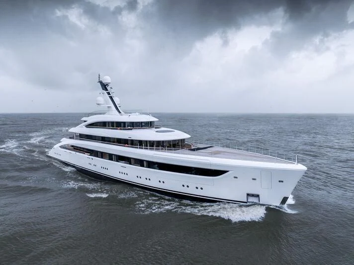 a white yacht in the water aboard ALVIA Yacht for Sale