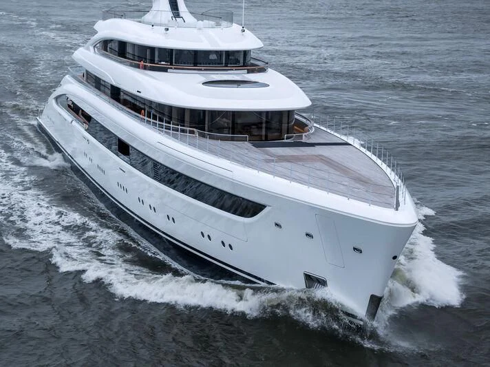 a white yacht on the water aboard ALVIA Yacht for Sale
