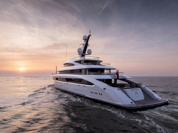 a white yacht in the water aboard ALVIA Yacht for Sale