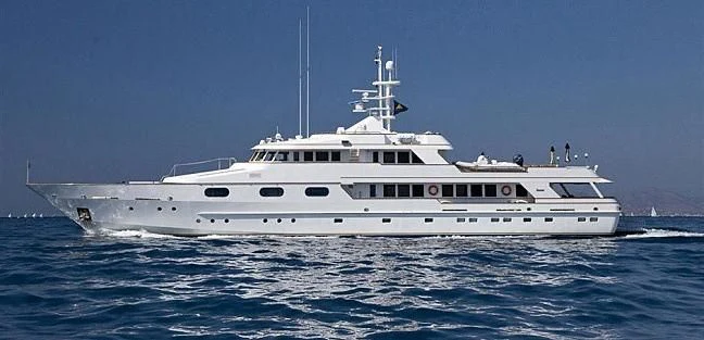a large white boat in the water aboard X CHIOS Yacht for Sale