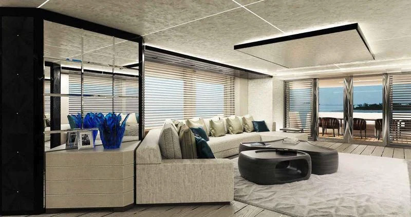 a living room with a large window aboard JEWELS Yacht for Sale