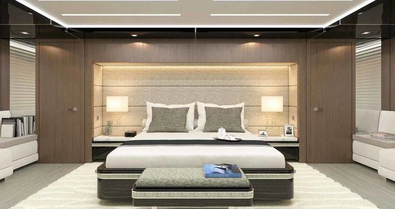 a bed in a room aboard JEWELS Yacht for Sale
