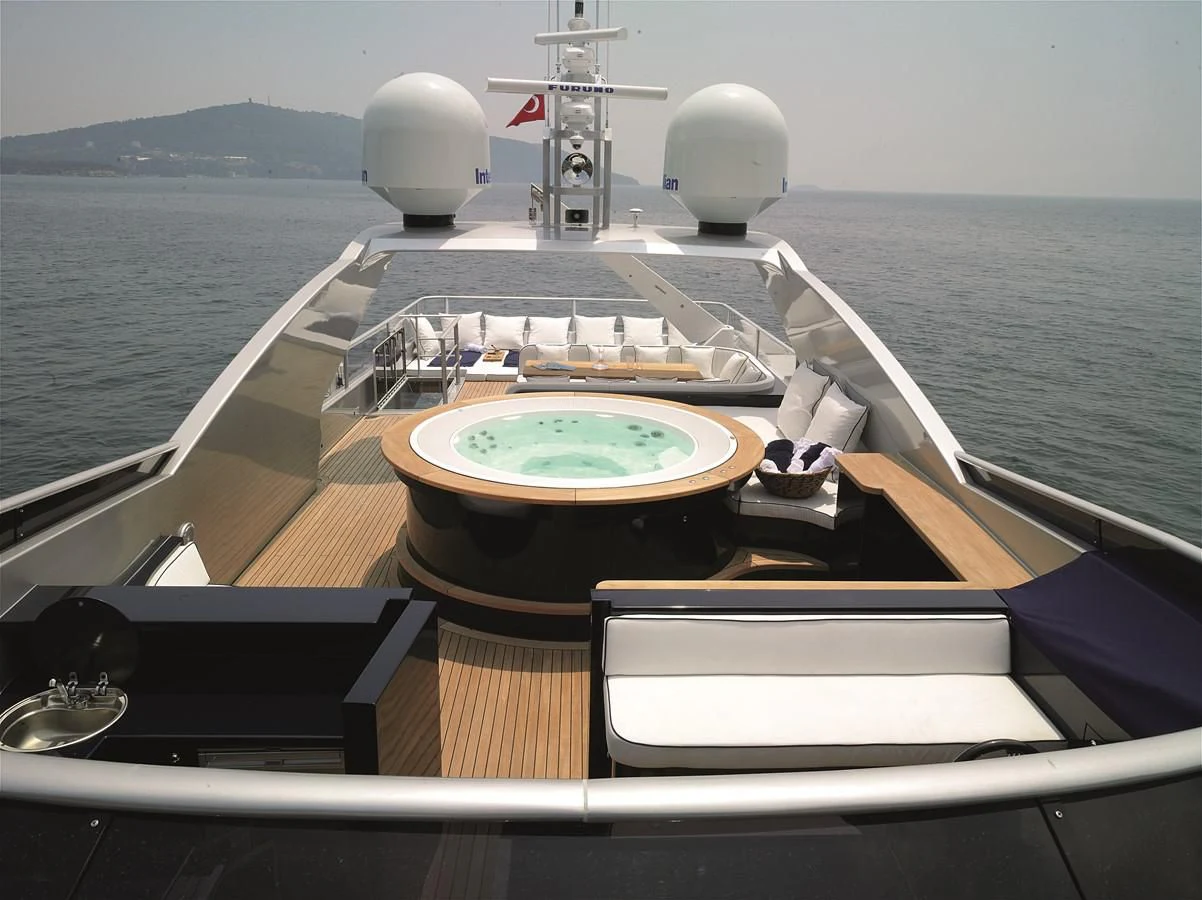 a boat with a satellite on it aboard HARUN Yacht for Charter