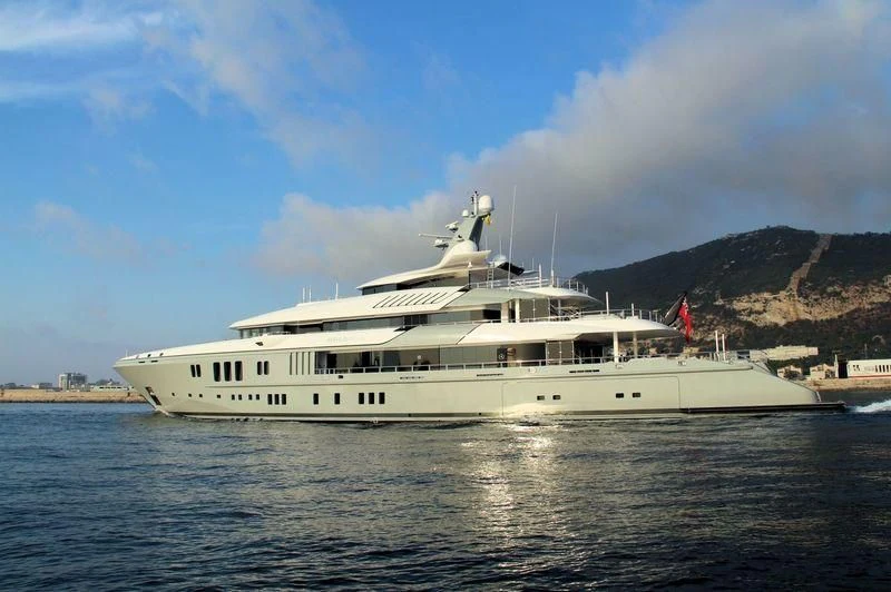 a large white boat in the water aboard MOGAMBO Yacht for Sale