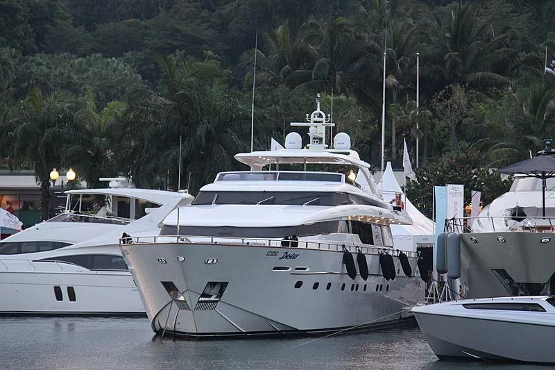 a group of boats are parked in a harbor aboard DESTER Yacht for Sale