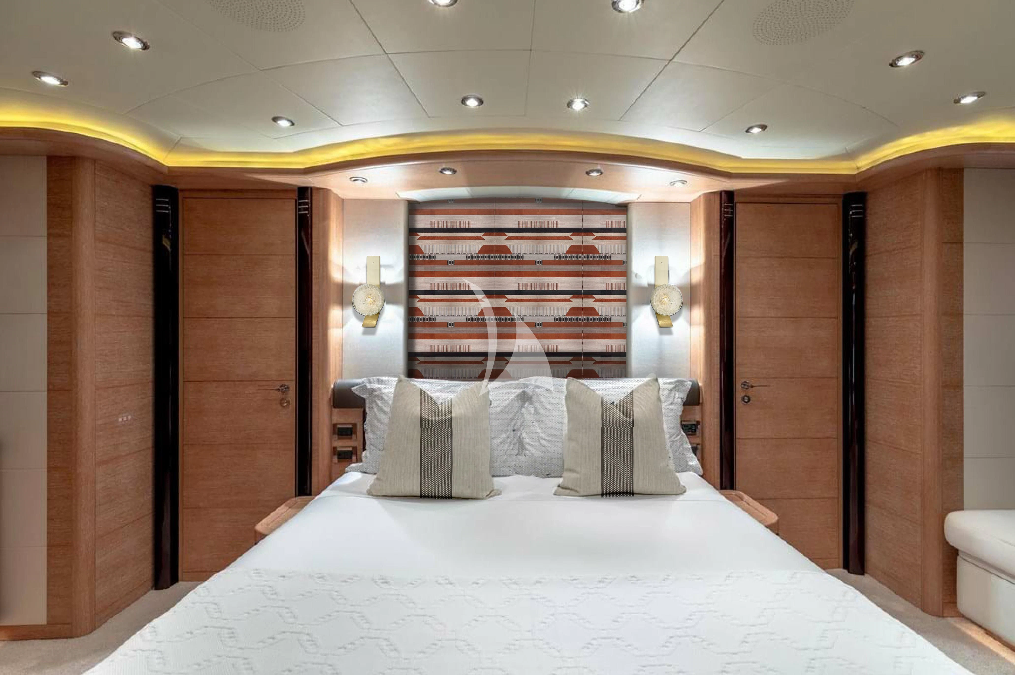 a bed with white sheets aboard AERO Yacht for Charter