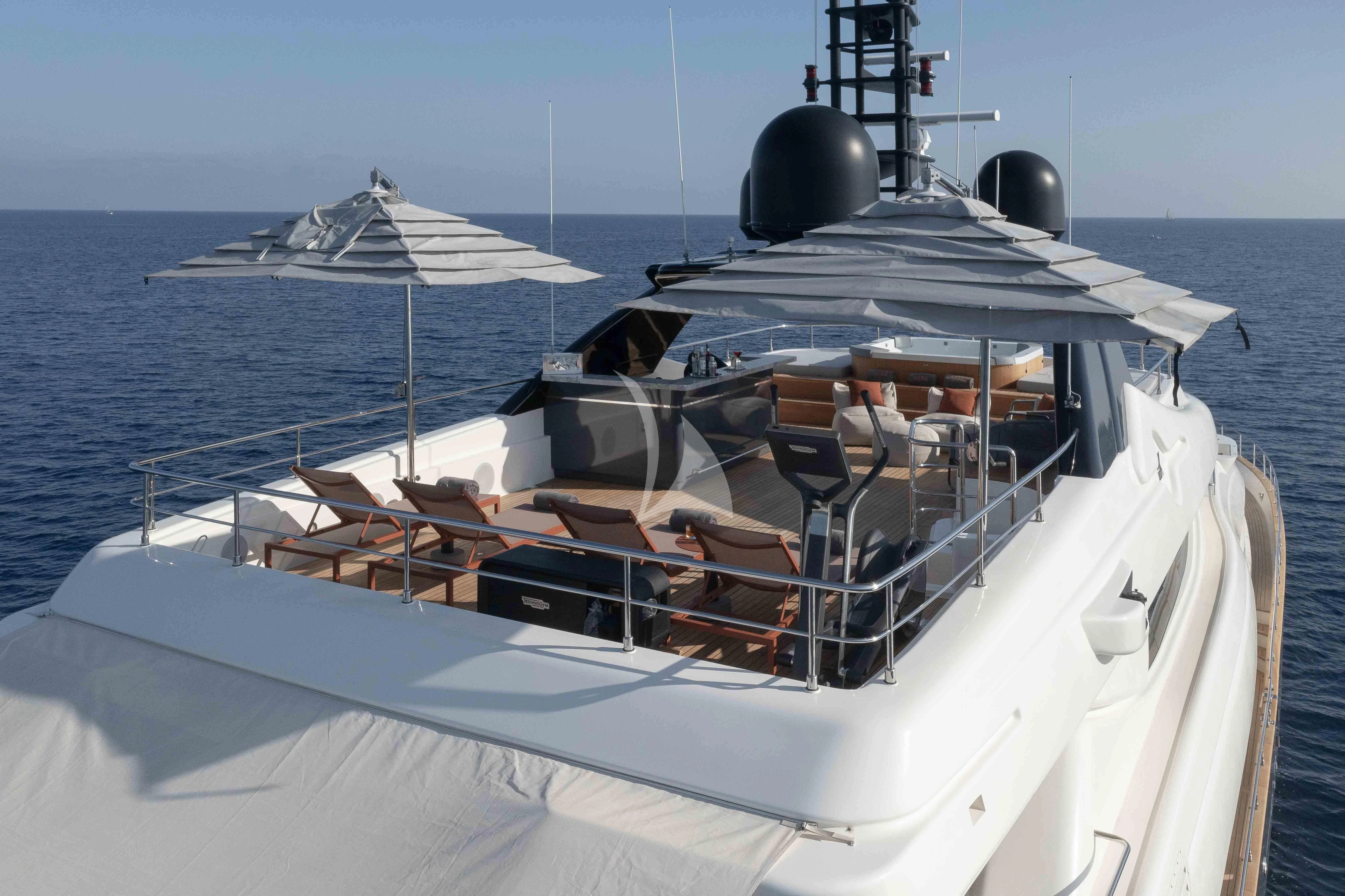 a boat with a large telescope on the front aboard AERO Yacht for Charter
