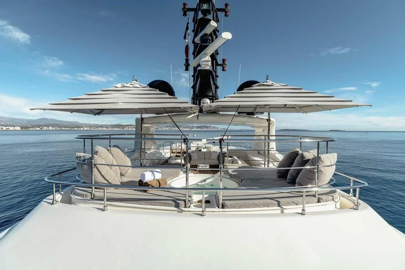 a boat with a satellite on it aboard AERO Yacht for Charter
