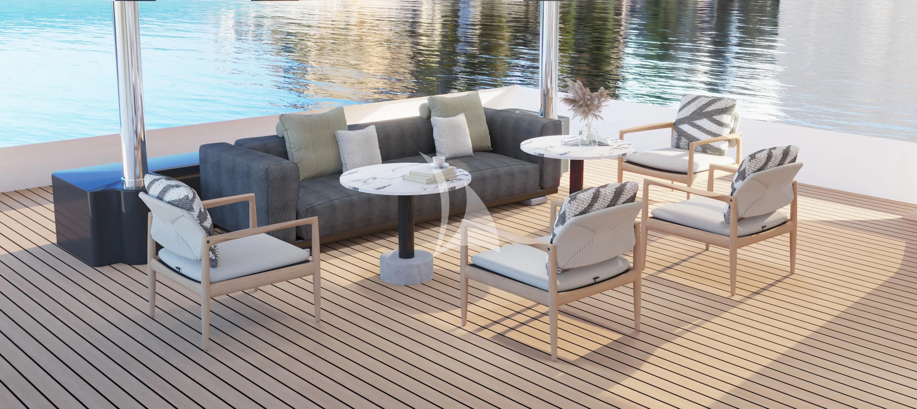 a room with a couch and a table and chairs aboard AERO Yacht for Charter