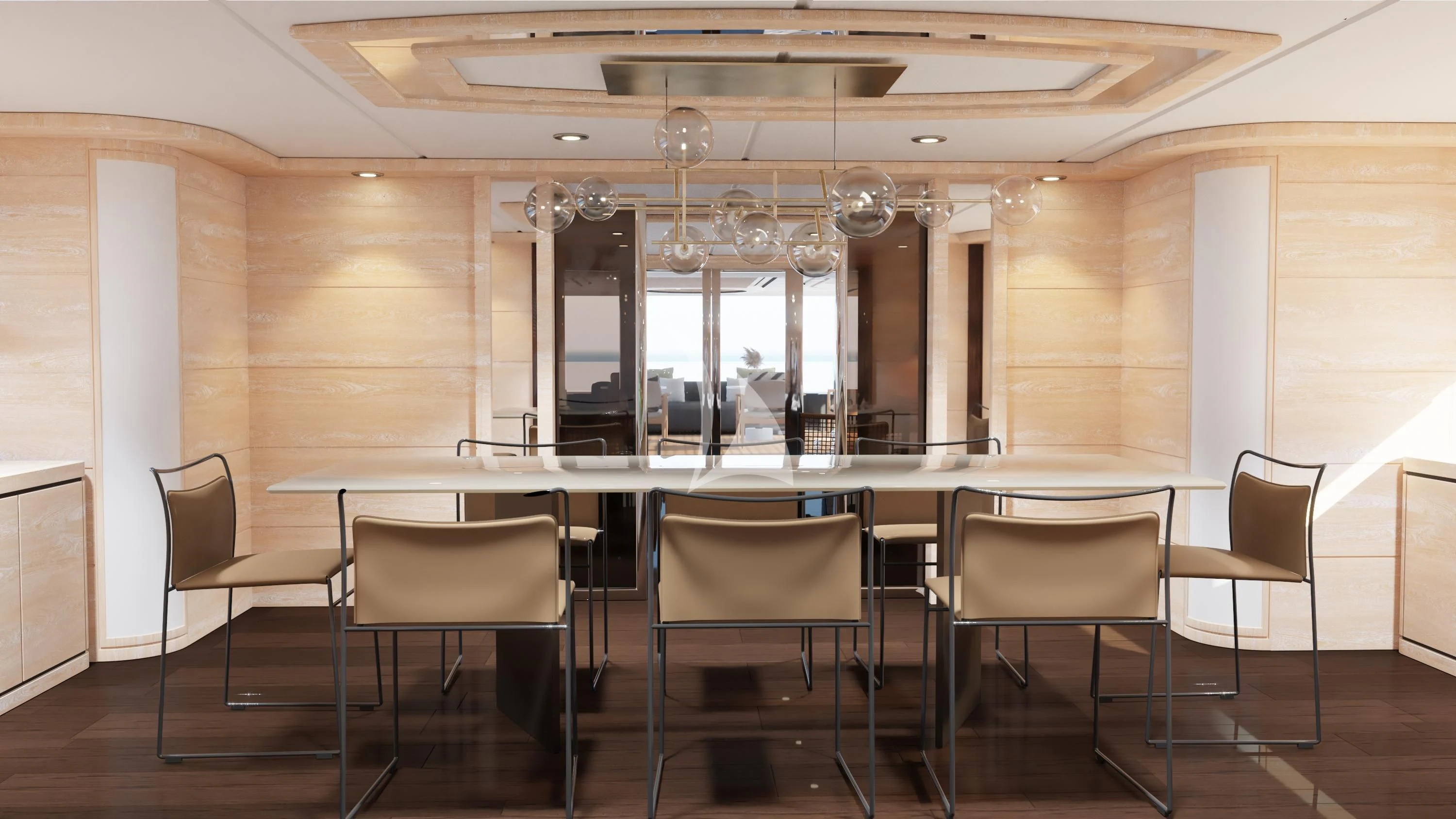 a large dining table with chairs aboard AERO Yacht for Charter