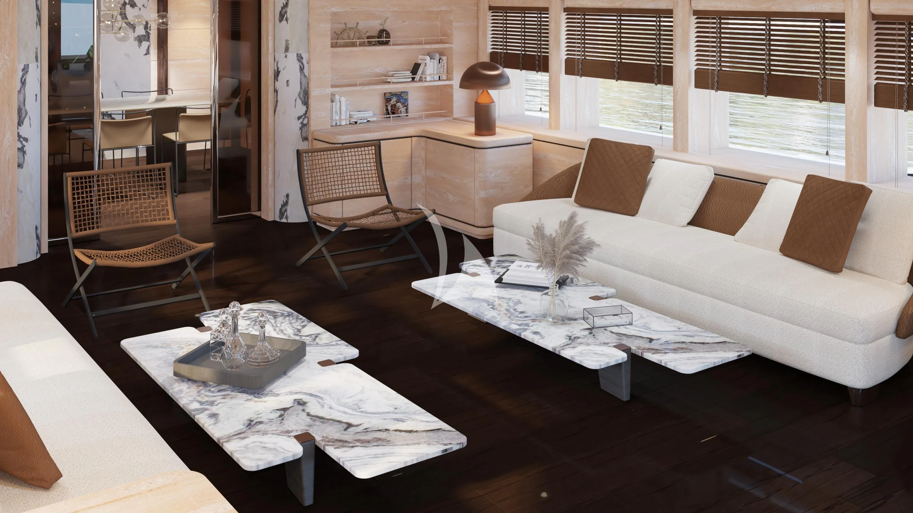 a living room with a couch and a table aboard AERO Yacht for Charter