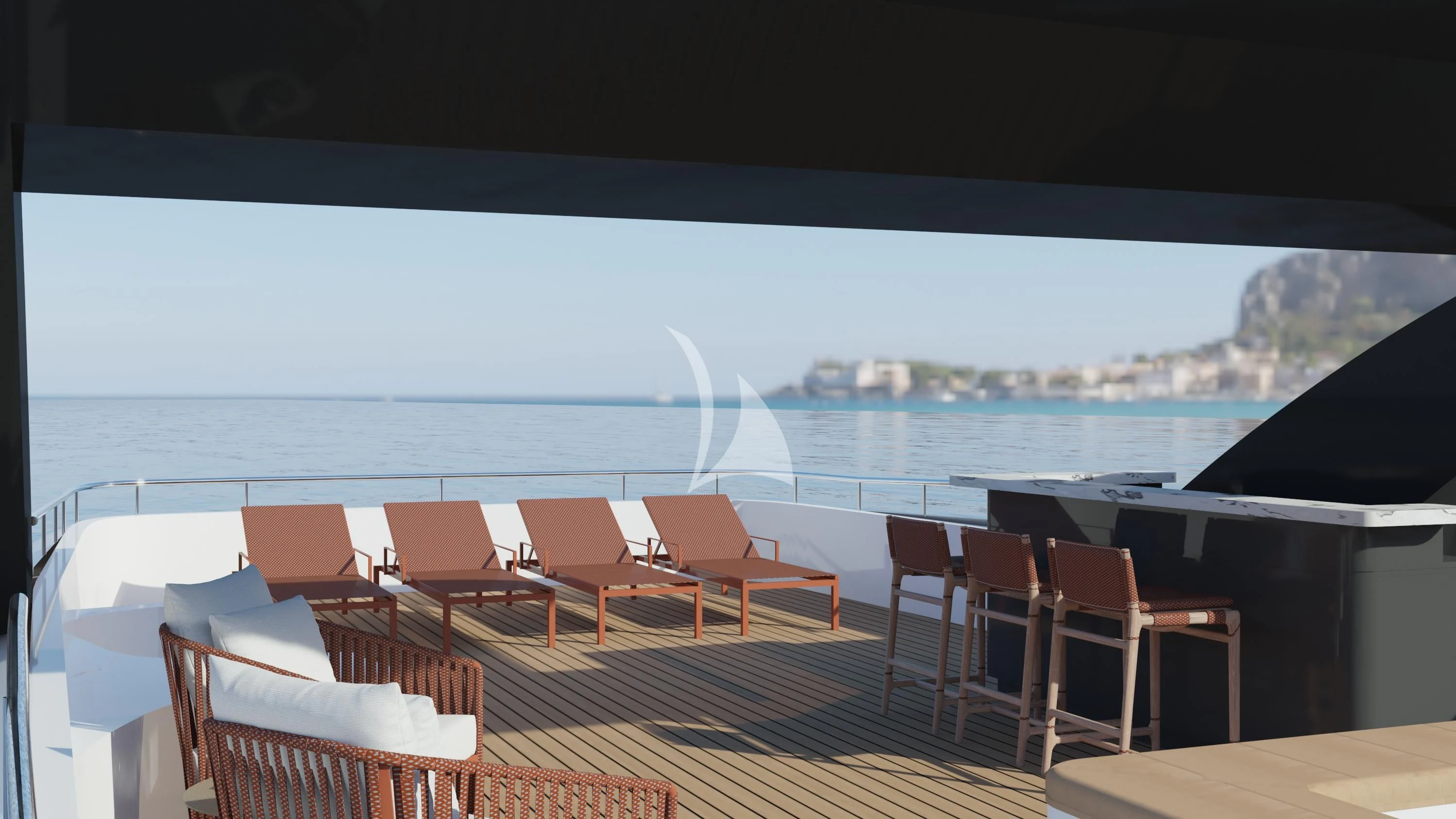 a deck with chairs and a body of water in the background aboard AERO Yacht for Charter