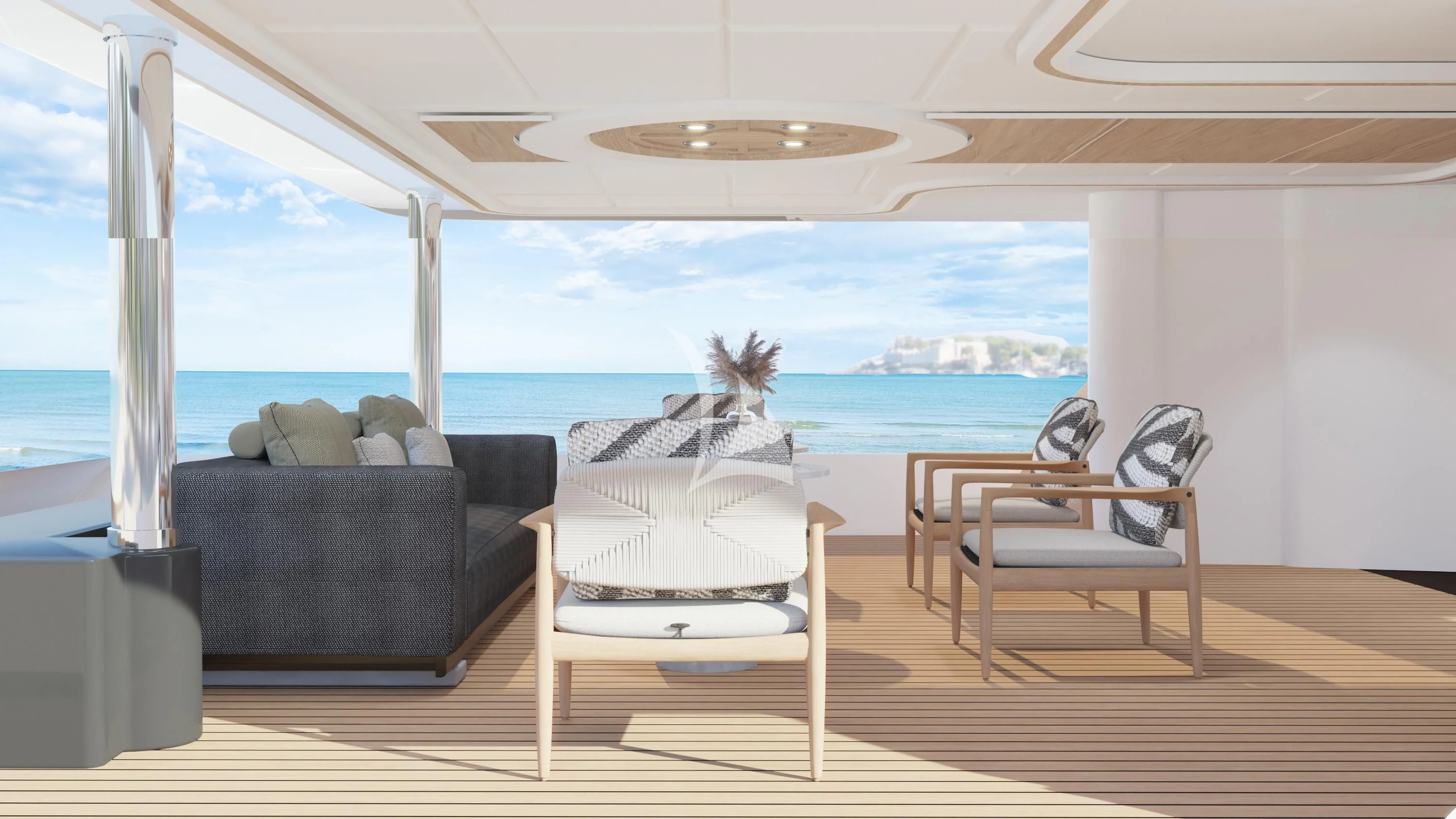 a room with a couch and a table and a large window aboard AERO Yacht for Charter