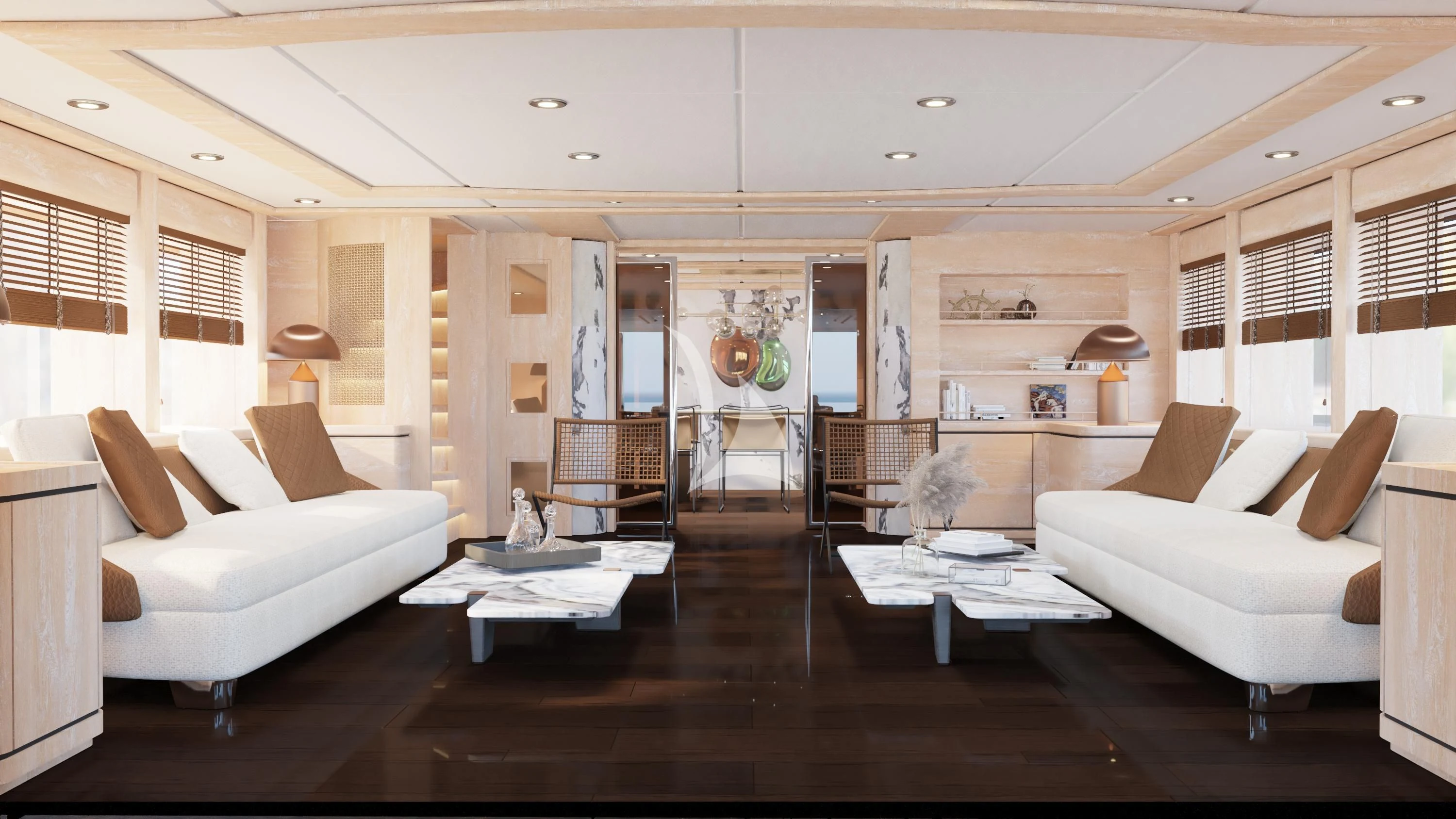 a living room with a large fireplace aboard AERO Yacht for Charter