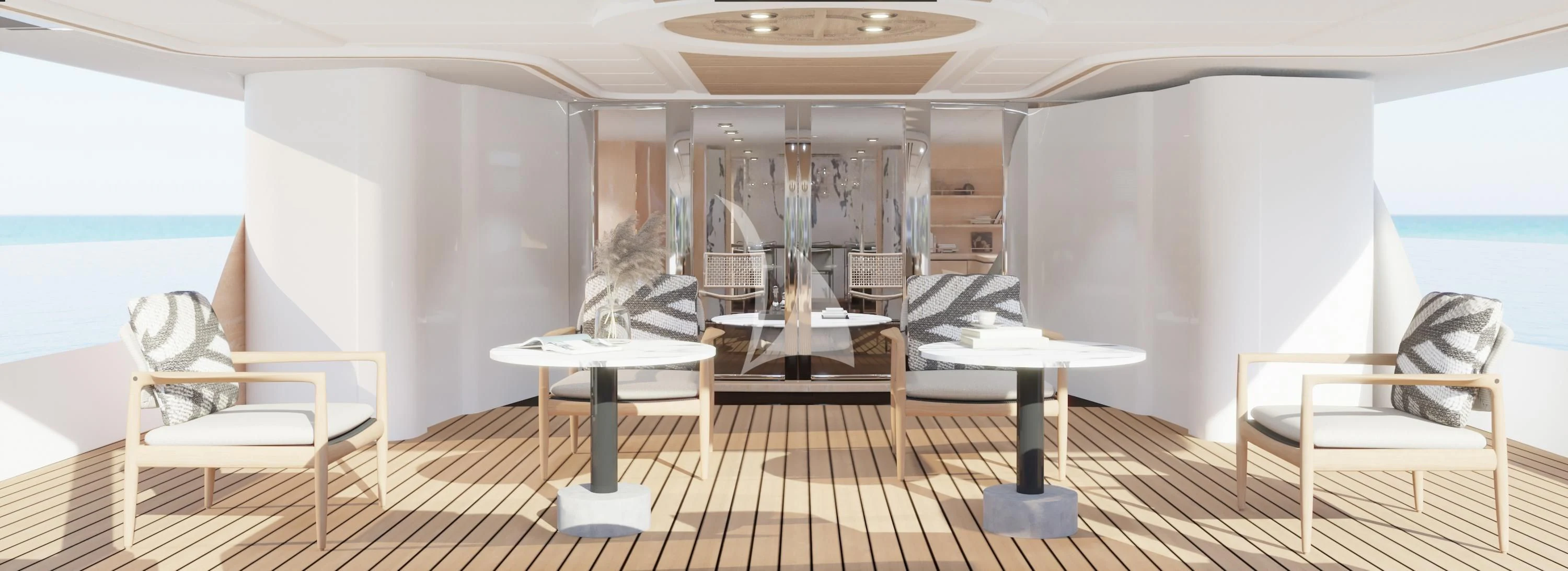 a room with chairs and tables aboard AERO Yacht for Charter