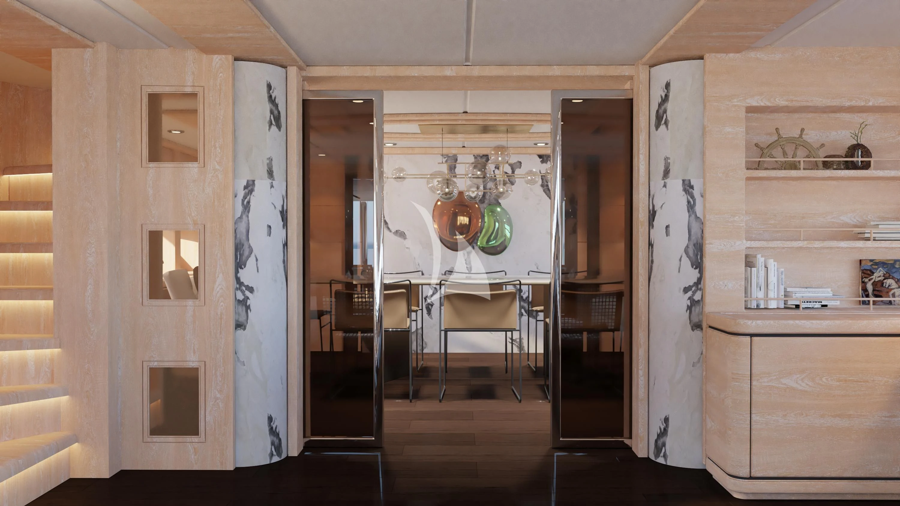 a room with a table and chairs aboard AERO Yacht for Charter