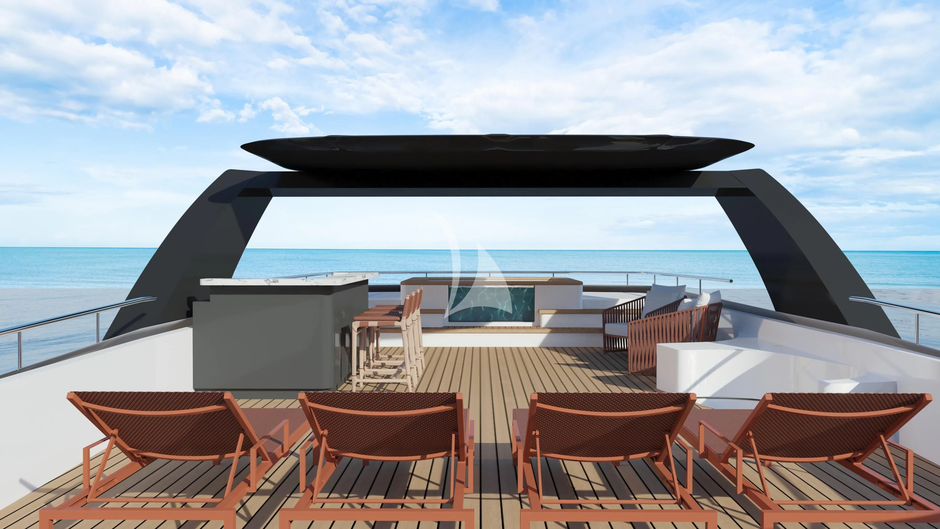 a deck with chairs and a table on it aboard AERO Yacht for Charter