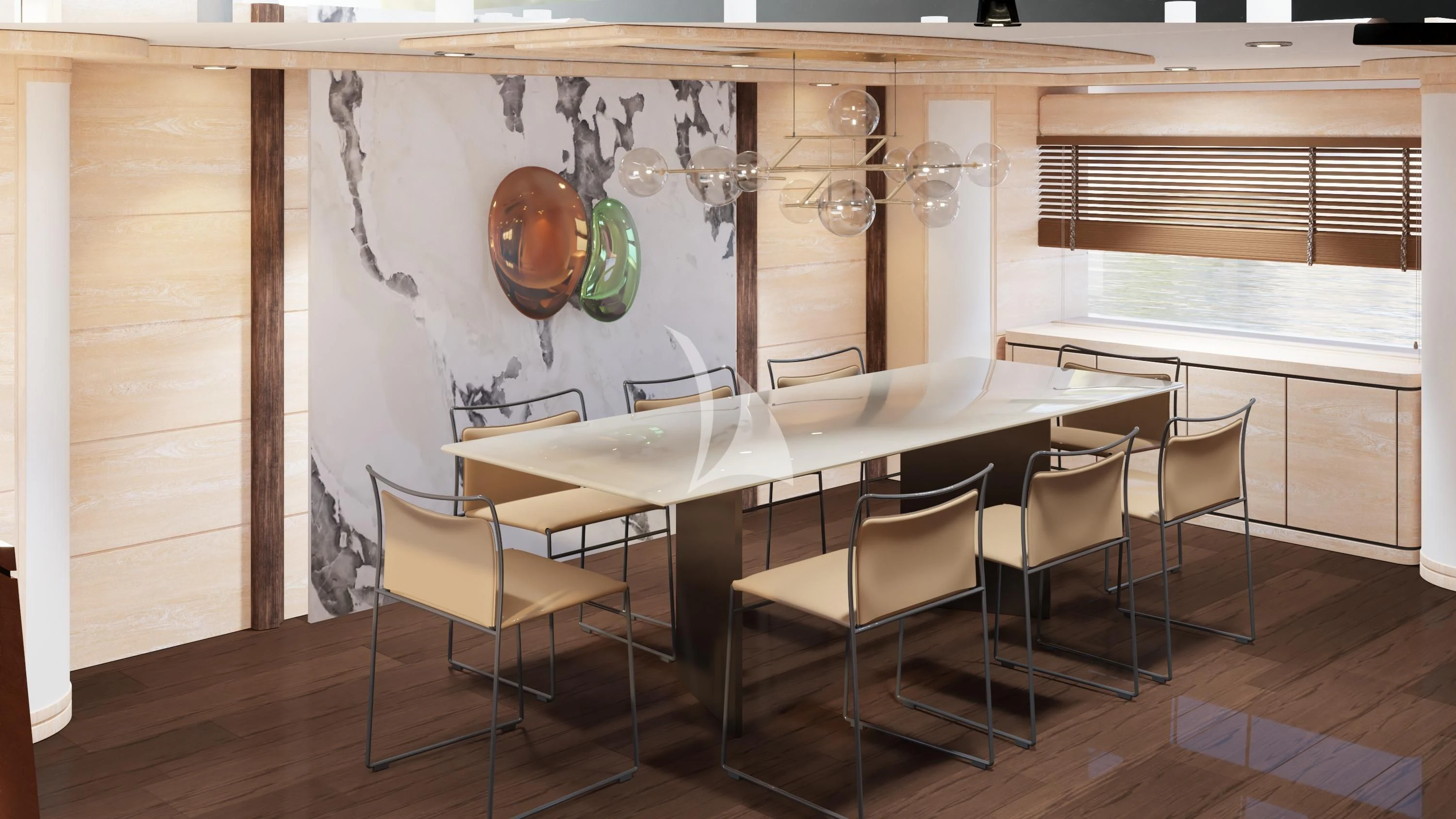 a table and chairs in a room aboard AERO Yacht for Charter